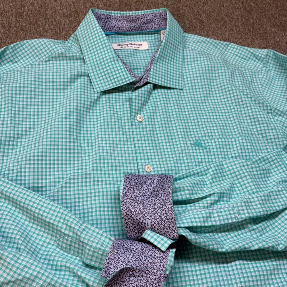 Tommy Bahama Newport‎ Coast Mens XL Green Gingham Pima Cotton Blend Shirt